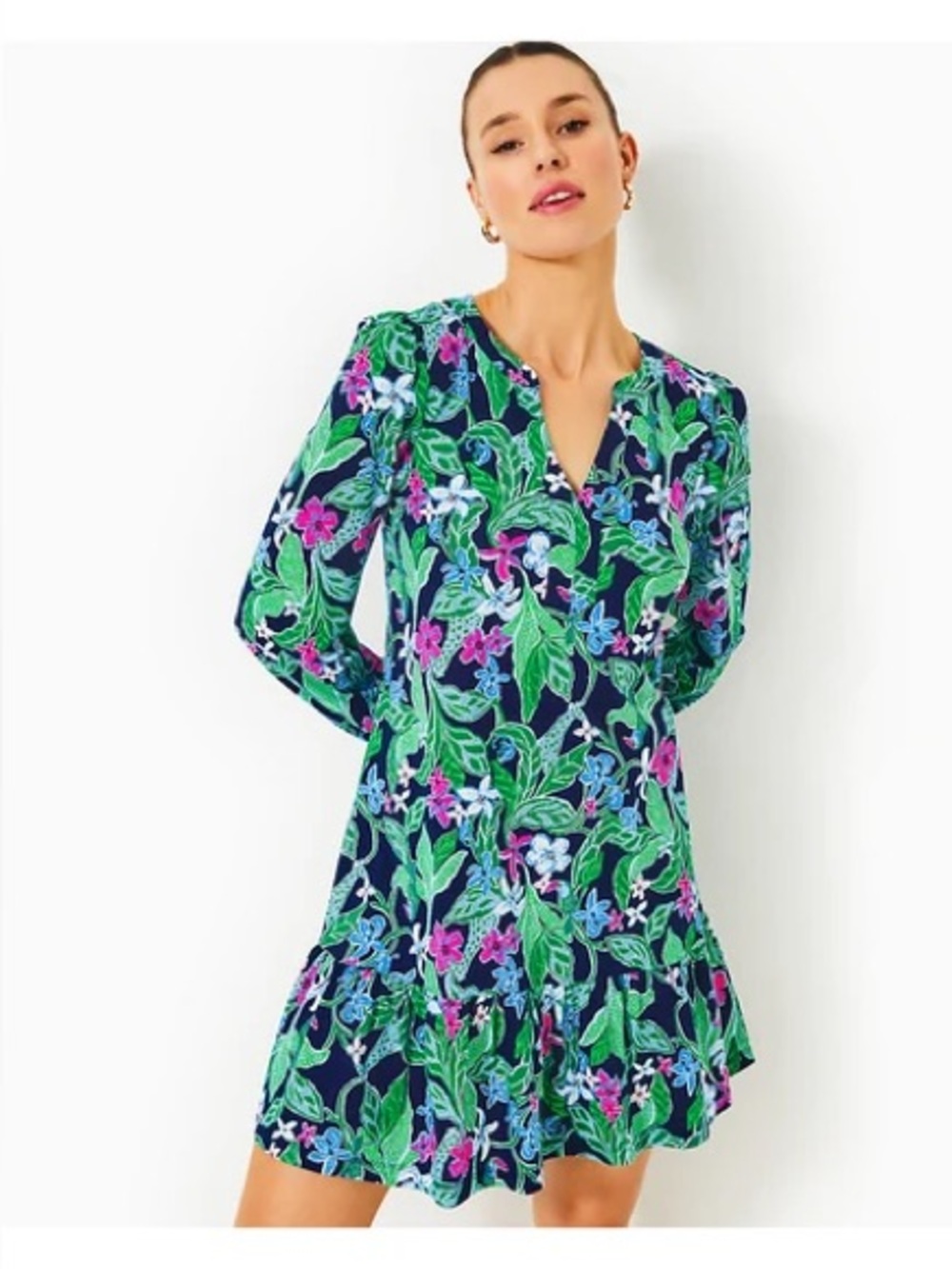 Lilly Pulitzer Navy Floral Ruffle-Hem Dress with Green Leaves & Pink Accents